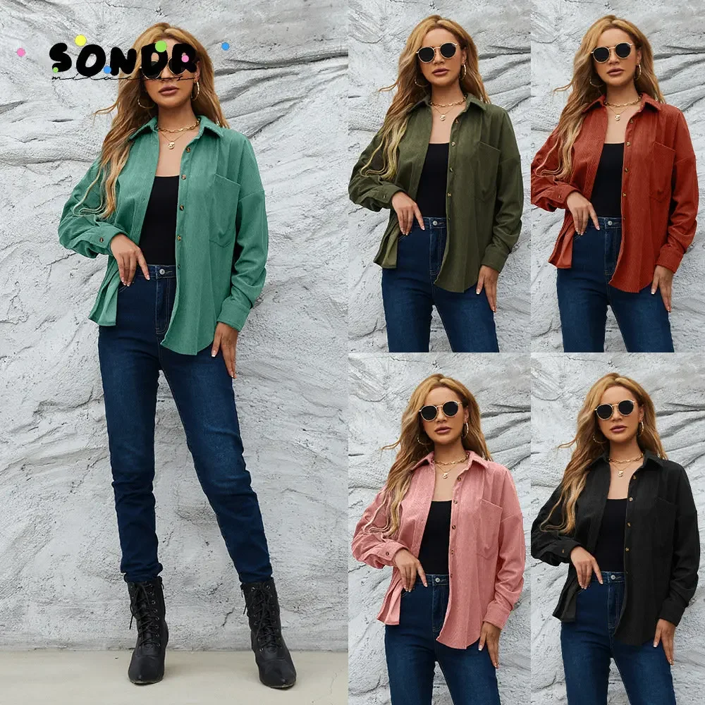 

2022 New Fashion Cardigan Tops Women's Autumn and Winter Corduroy Ladies American Loose Jacket Jacket Solid Color Shirt