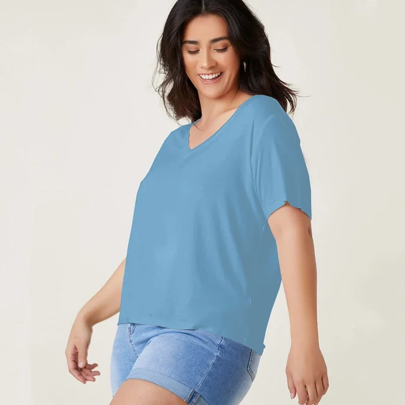 Plus Size V-neck Short Sleeve Summer Casual Top Women Drop Shoulder Loose Oversize Solid Basic T-shirt Tee Large Size 6XL 7XL 8X