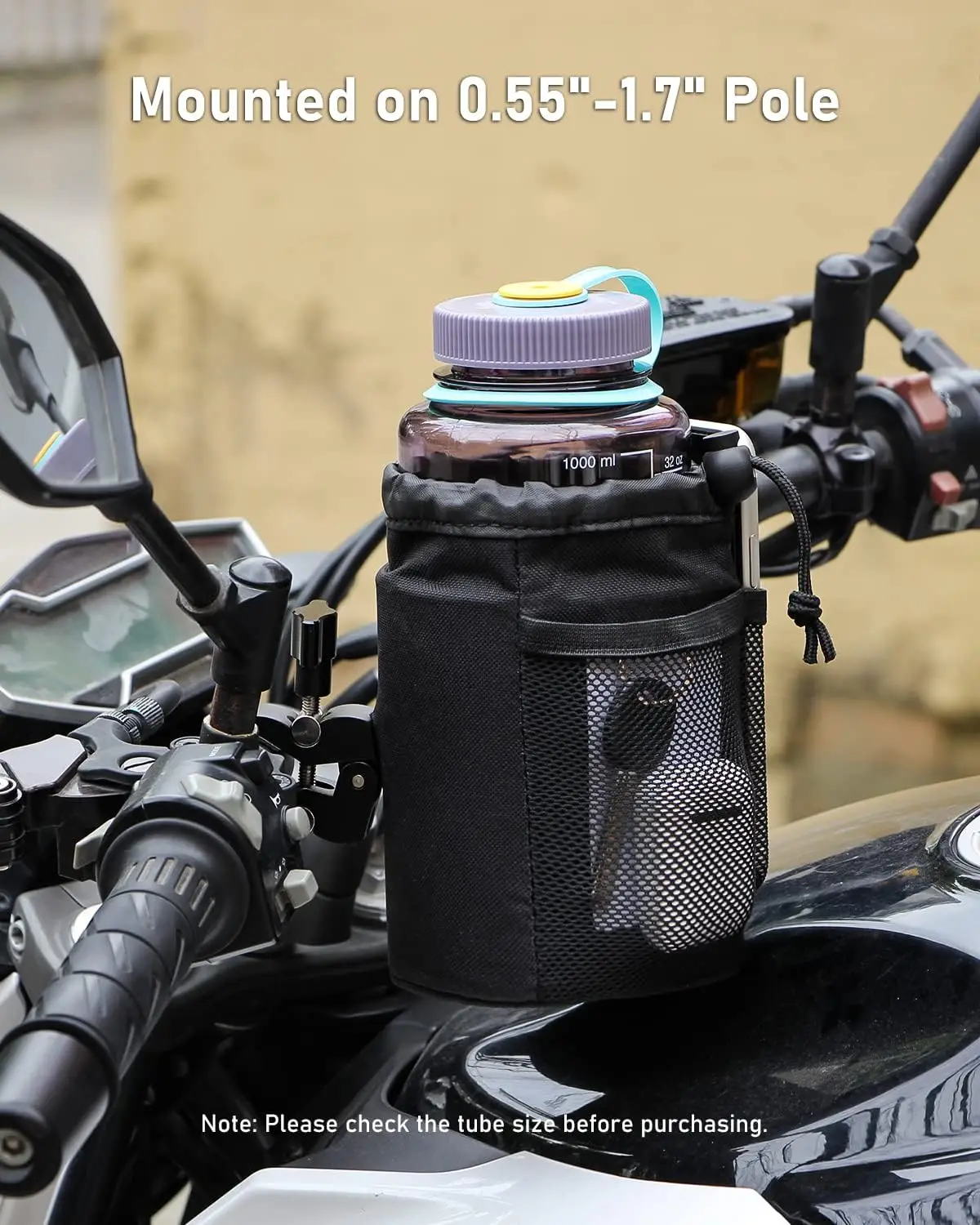 

Motorcycle Cup Holder, Oxford Fabric Motorcycle Drink Holder with 0.55"-1.7" Alligator Clamp, Universal Water Bottle Holder