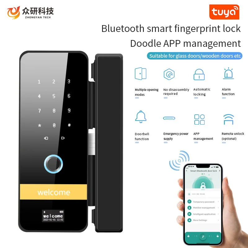 

Tuya APP Fingerprint Glass Door Lock Bluetooth Smart Home Hotel Password Rfid Card Remote Fingerprint Key Smart Door Lock