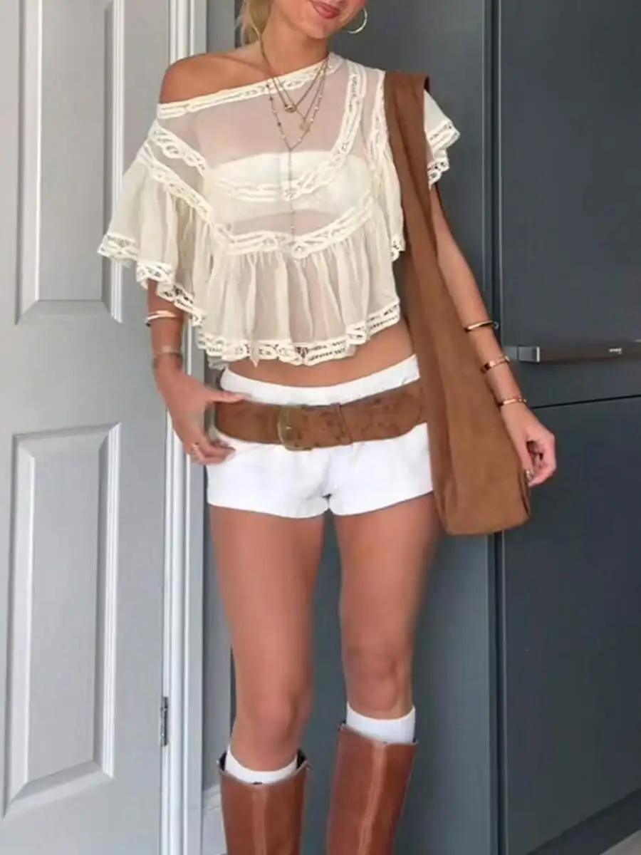 

Women Sheer Off Shoulder Ruffled Top With Lace Trim Beach Cover Up