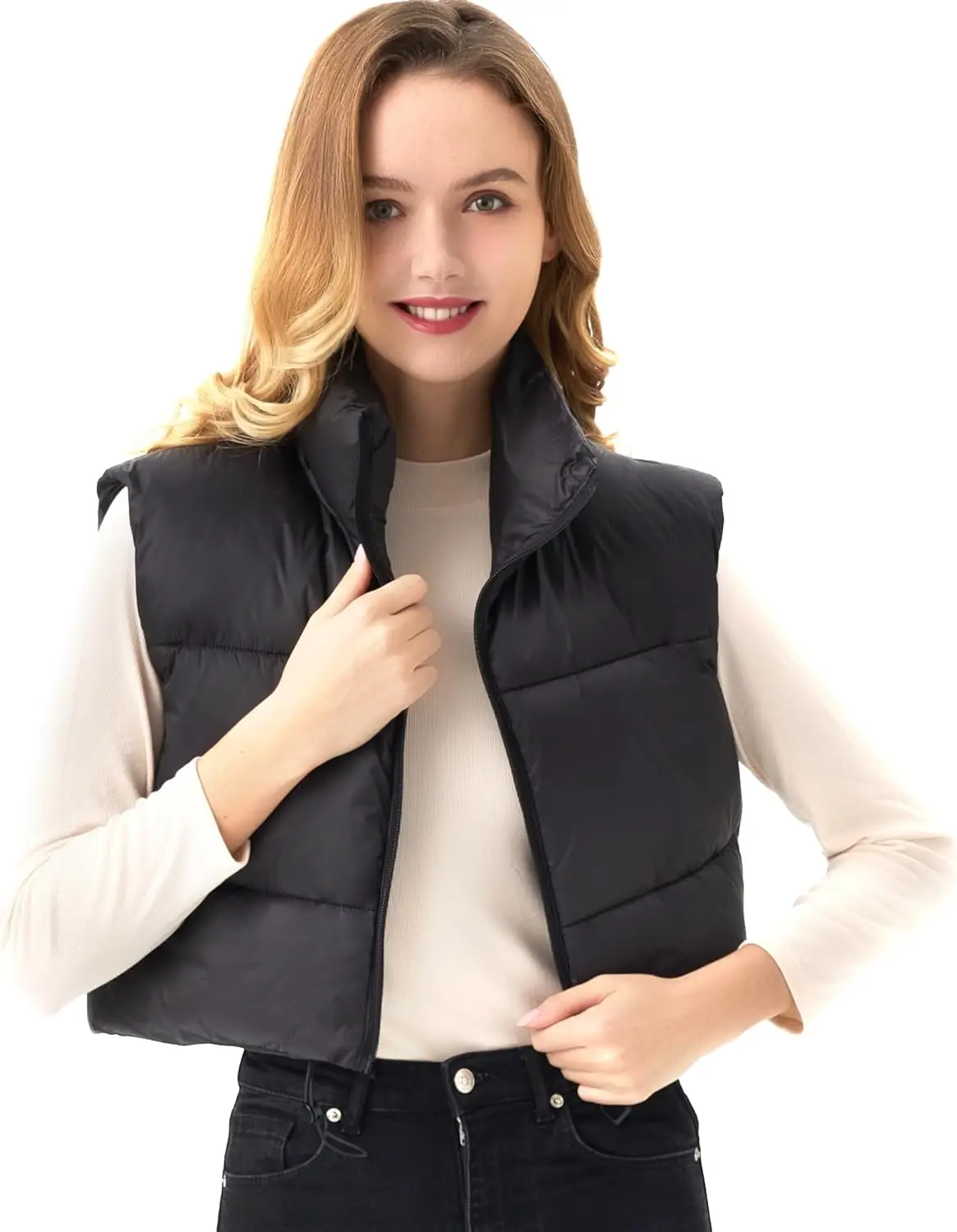 Denim Vest Women\'s Cropped Puffer Vest Lightweight Sleeveless Warm Vests for Women Winter Stand Collar Padded Gilet