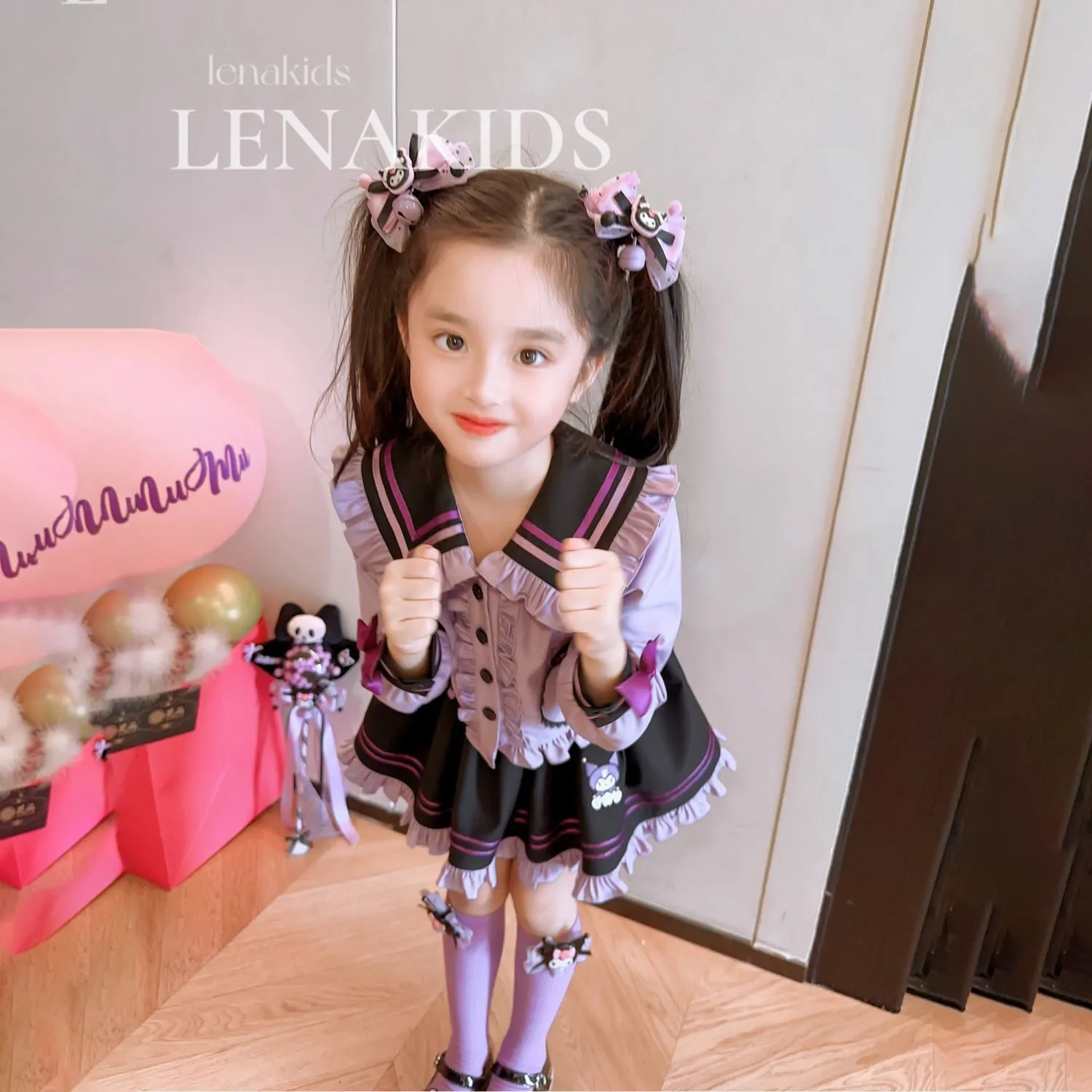 Kawaii Anime sanhos Kids Kuromi Jk Outfit Fashion Jacket top a maniche lunghe gonna a pieghe Cute Princess Dress Preppy Girl Clothes