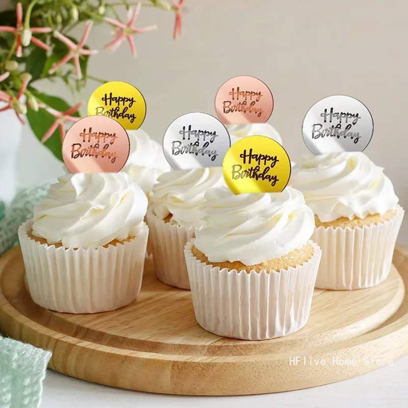 5pcs Happy Birthday Cupcake Toppers Gold Acrylic Circle Dessert Cake DIY Decorations Insert Card Kids Birthday Party Supplies