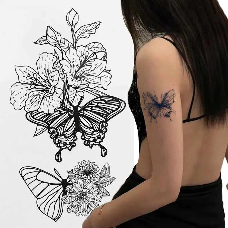 30pcs Black Butterfly Tattoo Stickers Waterproof Dark Devil Rose Flower Butterfly Feather Thorns Body Art Arm Fake Tattoos