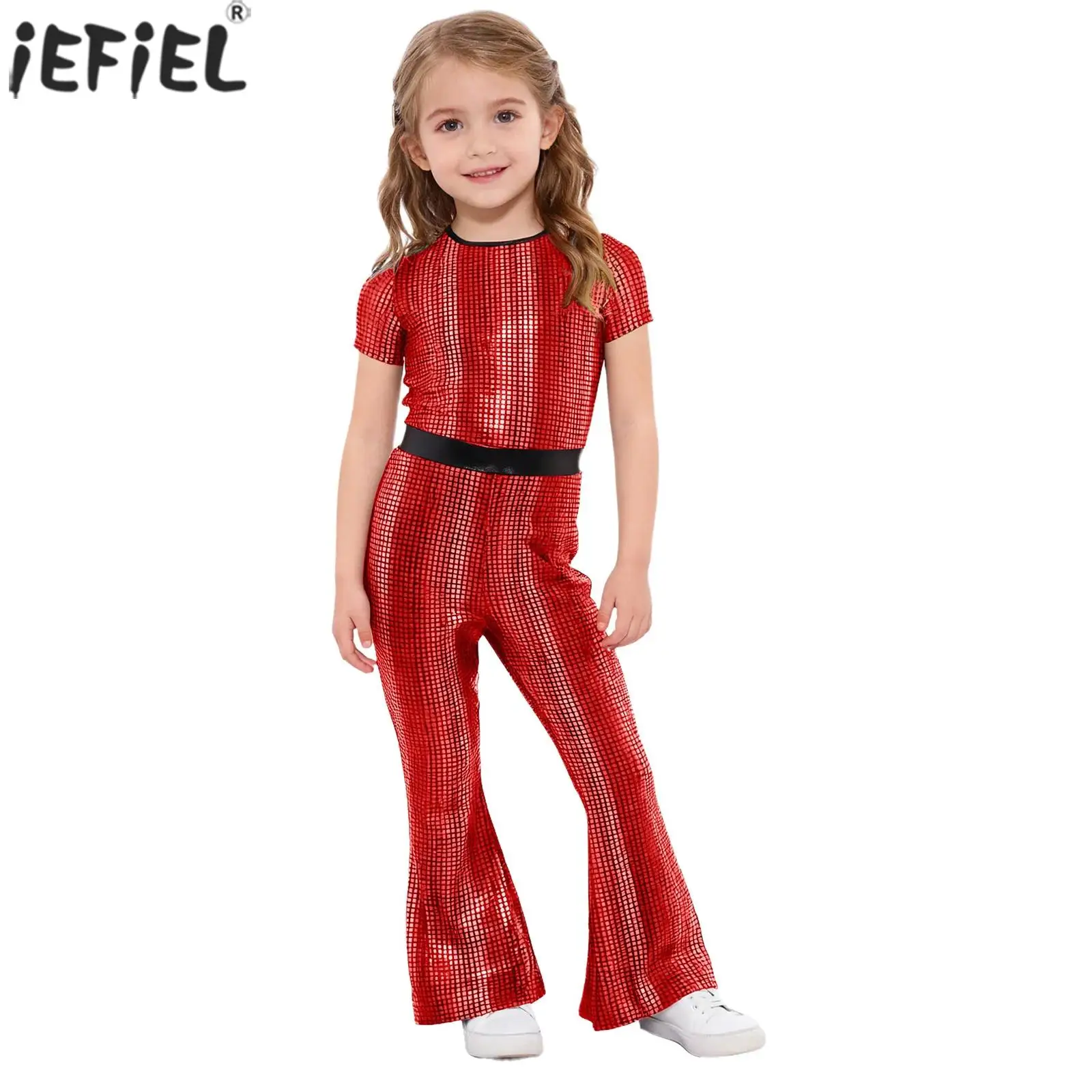 

Kids Girls Modern Jazz Dance Jumpsuit Short Sleeve Metallic Plaid Bell-Bottom Bodysuit Carnival Party Hippie Costume Dancewear