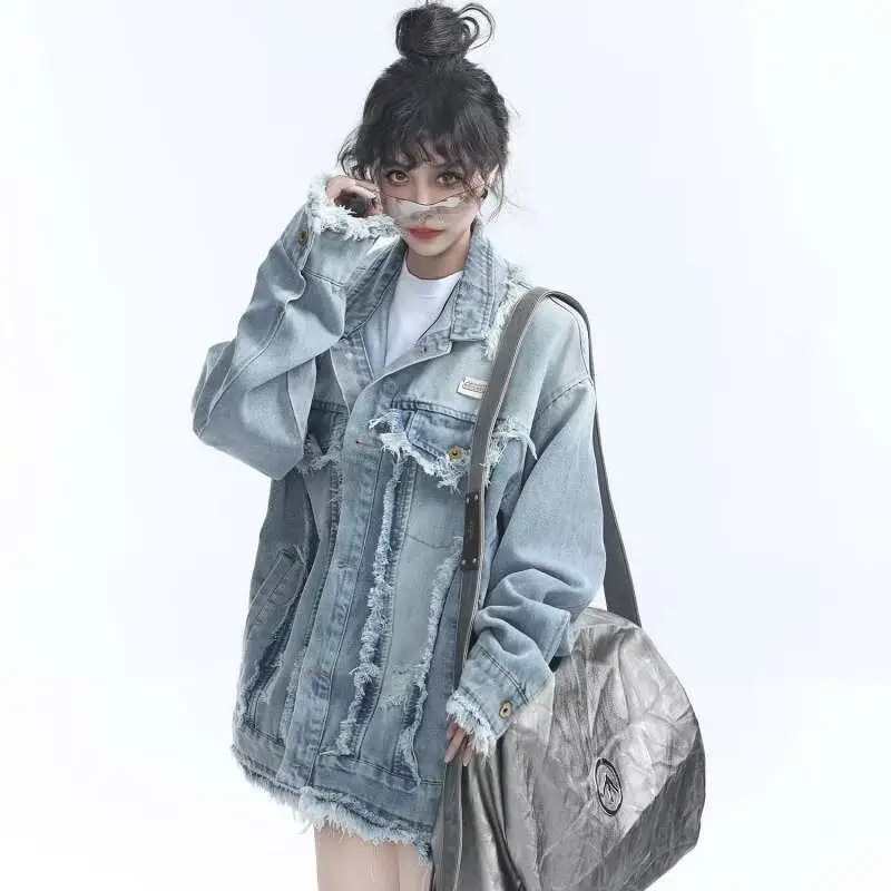 Autumn Ripped Denim Jacket Men's Ins Loose Hong Kong Style Trend Tooling Top Couple's Versatile Casual Jacket Exquisite Simple