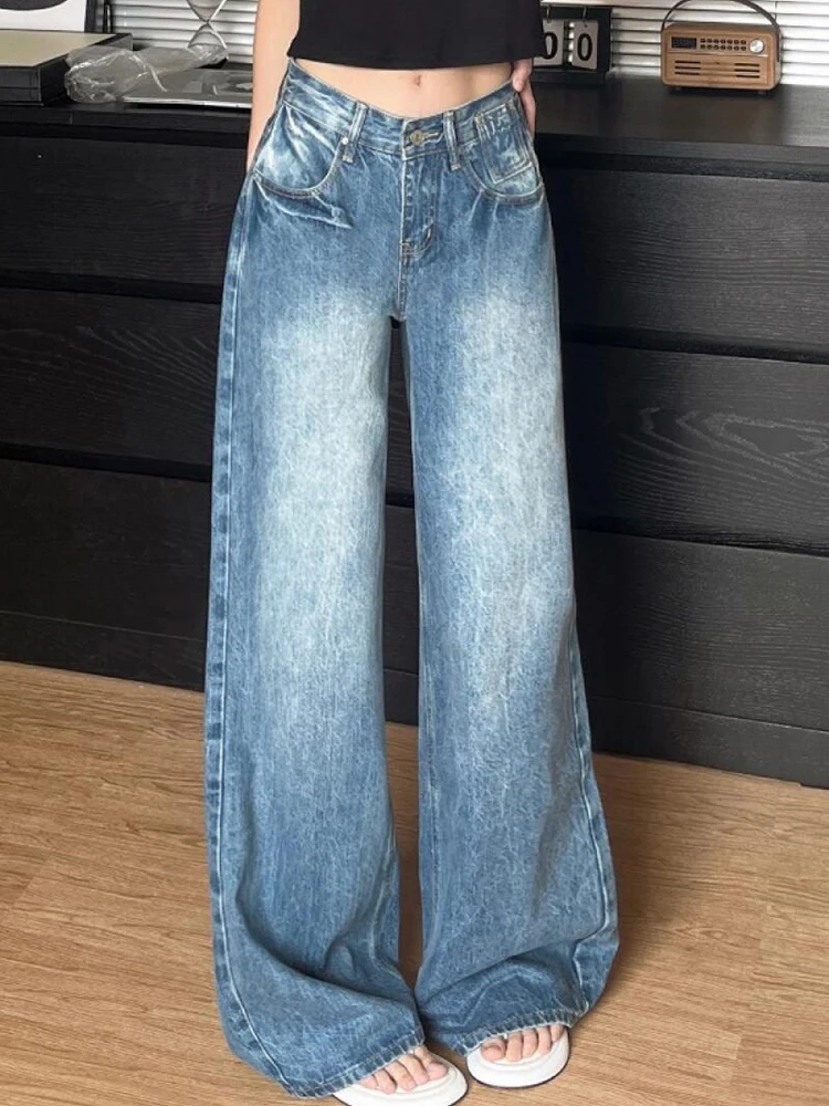 

Y2K Washed Blue Jeans Women Summer Straight Leg Wide Leg Low Waisted Loose Hanging Floor Length Retro