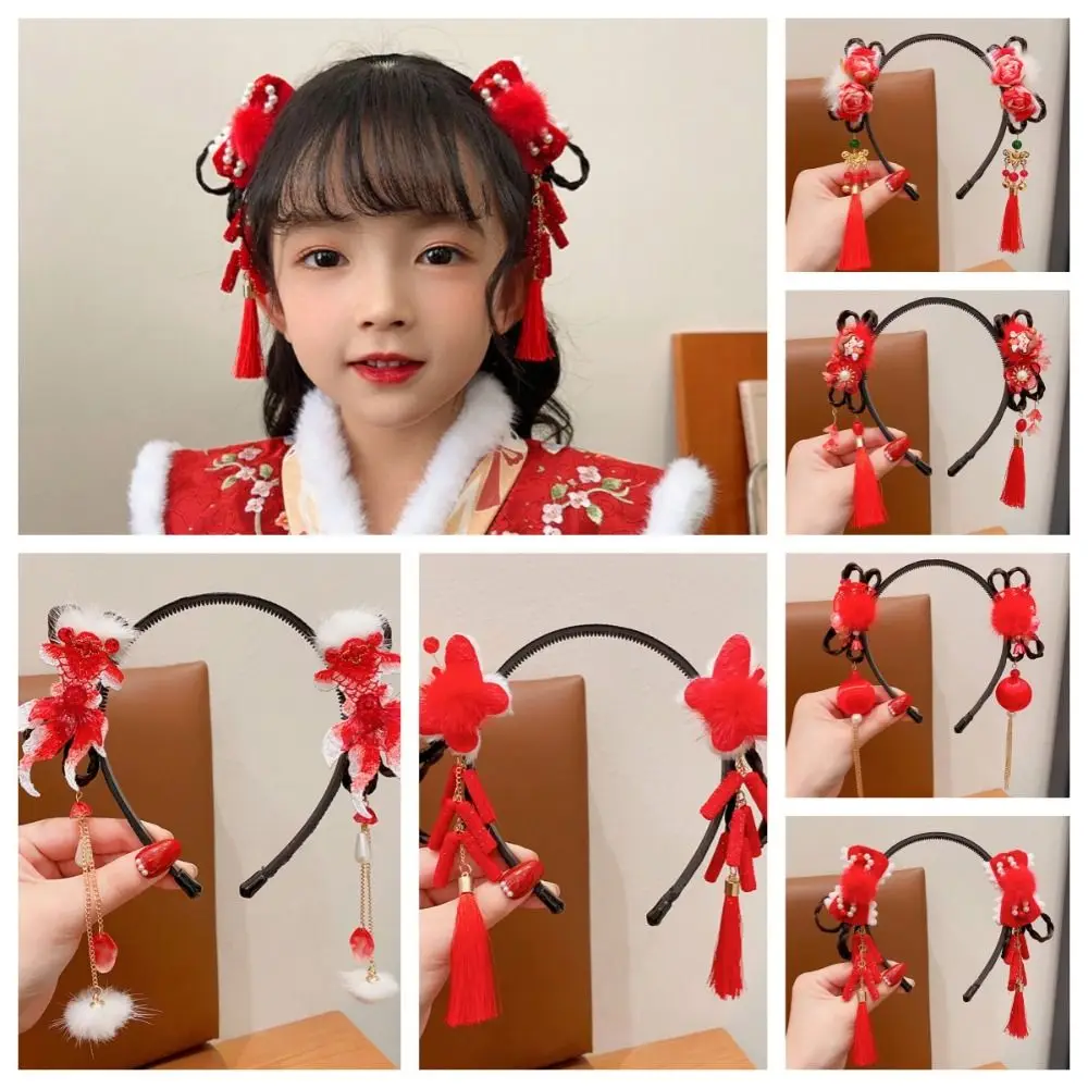 Cute Chinese Style Hanfu Wig Headband Red Pearl Flower Tassel Headband Pigtail Wig Hair Accessories New Year Headwear Girl