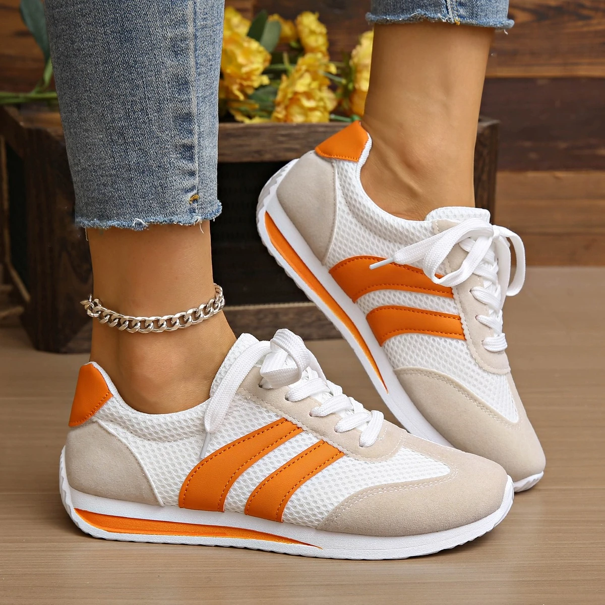 Women's Lightweight Fashion Sneakers Comfort Non Slip Casual Sports Shoes Woman Striped Mesh Breathable Platform Sneakers