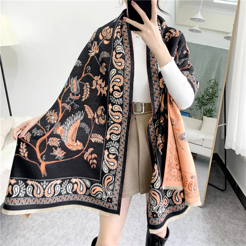 

Ethnic Style Jacquard Shawl Scarf Women Plus Size Pashmina Cashmere Blend Cape Classical Tassel Mantilla Luxury Design Wrap