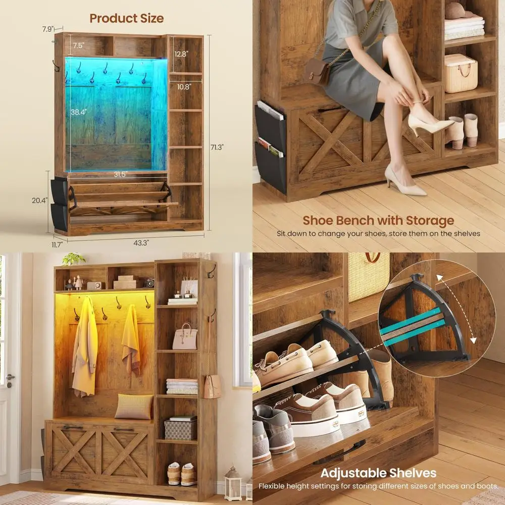 

Скамейка для прихожей в деревенском стиле, коричневая, с местом для хранения обуви, вешалкой для одежды, 7 полками, 10 крючками, светодиодной подсветкой