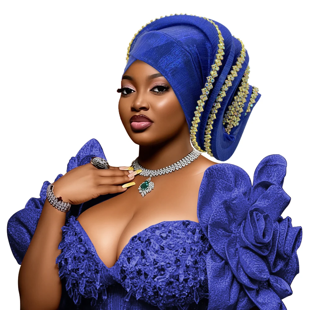 Gorro Turbante Espiral con Adornos Dorados para Mujer, Pañuelo para la Cabeza Estilo Africano, Ideal para Bodas y Fiestas, Listo para Usar, Auto Gele