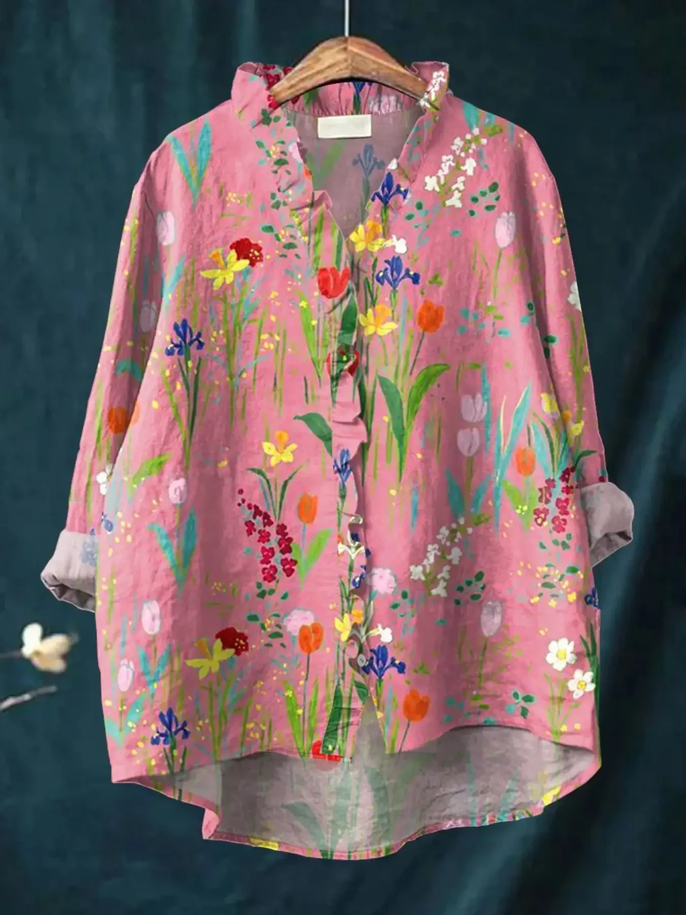 New women's printed long sleeved shirt with ruffled neckline, It's an elegant, atmospheric, and comfortable plus size top