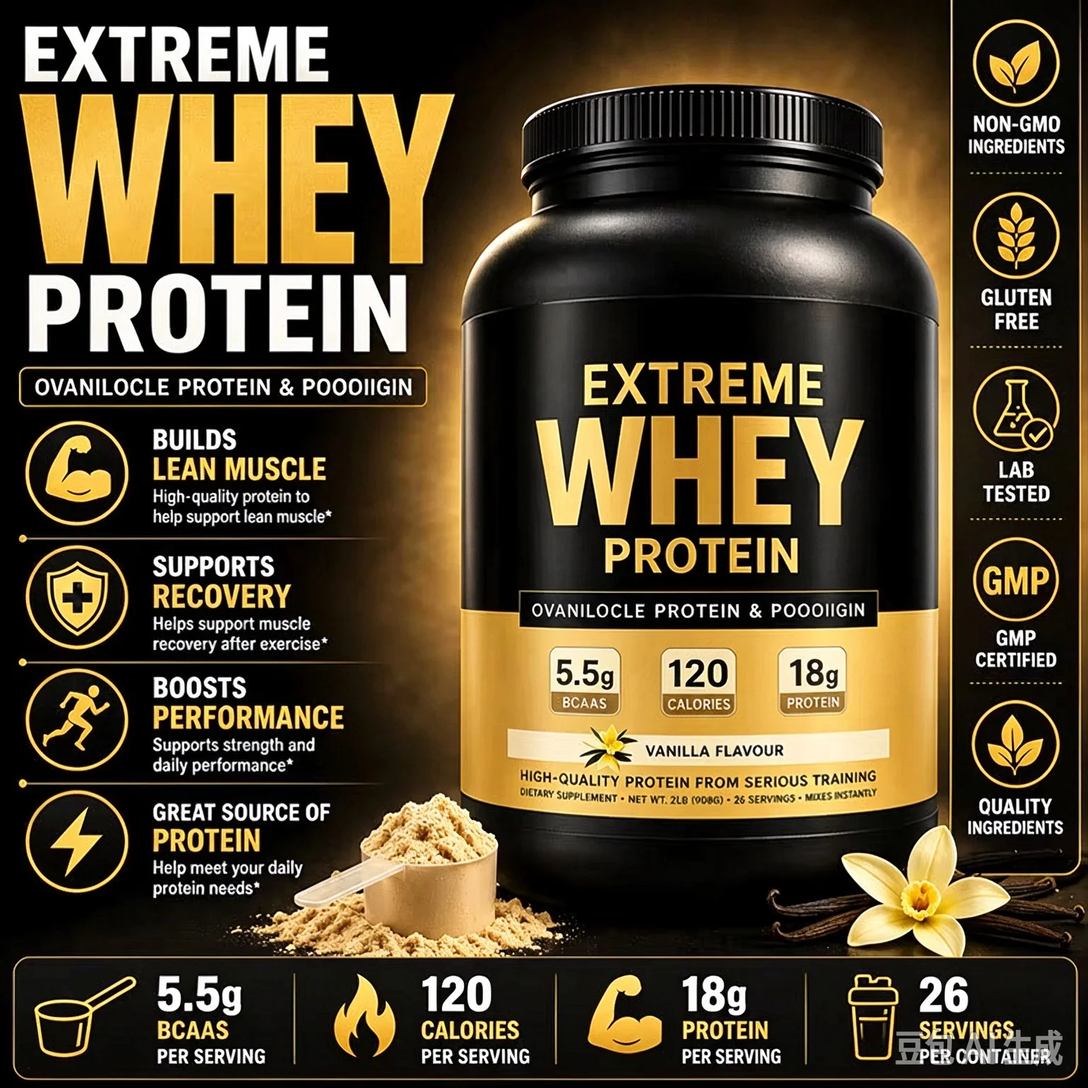 Whey Protein Powder White Mass Gainer Muscle Supplement Muscle Growth Sport Health Support for Gym Vanilla Flavor 1000g