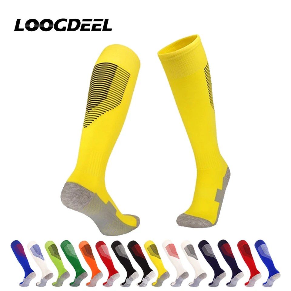 

Спортивные футбольные носки Loogdeel в полоску для взрослых и детей, дышащие, высокие до колена, для тренировок и бега, с махровой подошвой