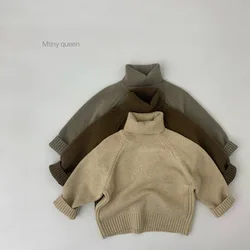 2024 New Korean Childrens Clothing Sweater Solid Color Thick Girls and Boys Solid Color Knitted Sweater