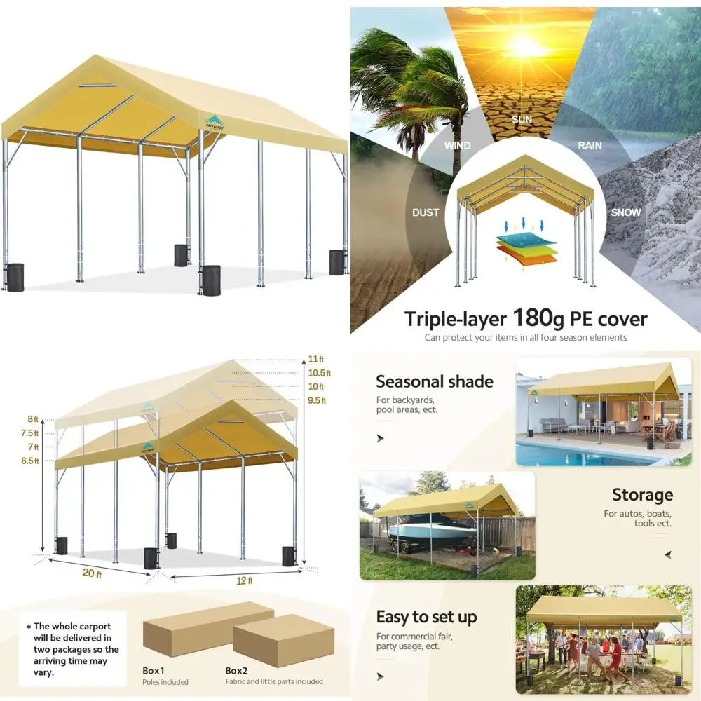 

Heavy-Duty Outdoor Carport Shelter for Cars, Boats, and Parties, 12x20 ft, Adjustable Height from 9.5ft to 11ft, 12x20 ft Canopy