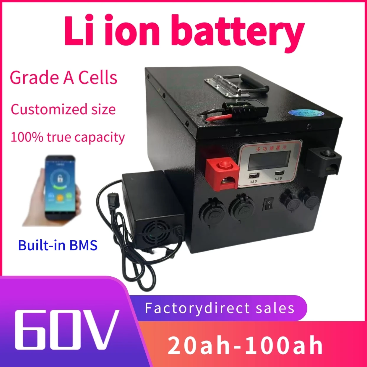 

XS lithium-ion battery 60V 20Ah 30Ah 40Ah 50Ah 60Ah 70Ah 80Ah pack and charger suitable for 1kw 2kw 3kw 4kw 5kw