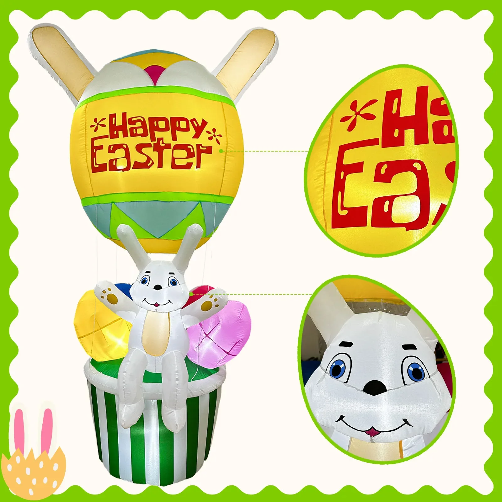 9FT Easter Inflatables Outdoor Decorations Hot Air Balloon with Easter Bunny Eggs Built-in LED Lights Holiday Inflatable Toys