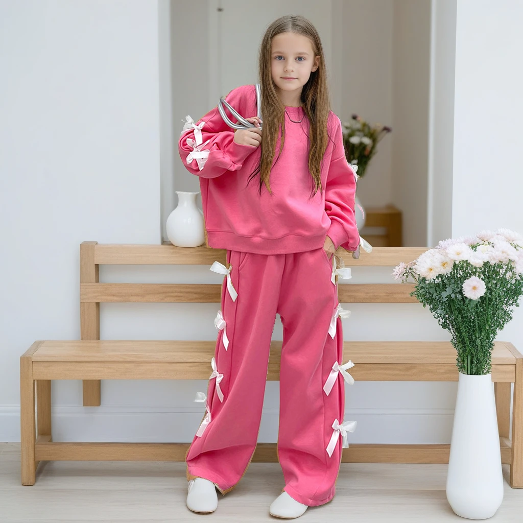 

Girls Clothes Set Spring Bow Sweatshirt Wide Leg Pants 2-piece Teen School Kids Tracksuit Pink Grey Casual Daily Child Costume