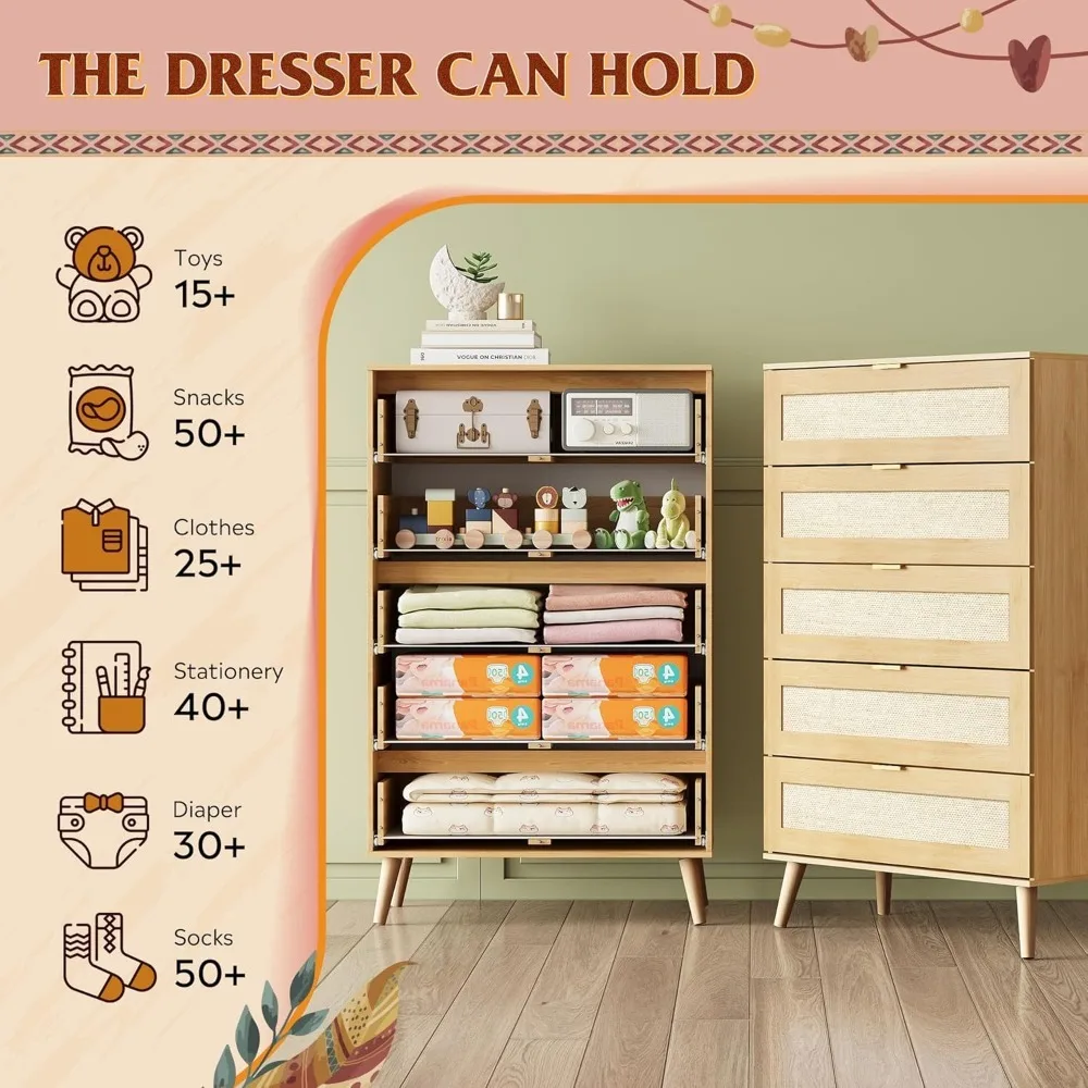 Drawer Dresser for Bedroom, Wood Dresser Storage with Rattan Drawers, Gold Metal Handle,Chest of Drawers for Living Room,Closet