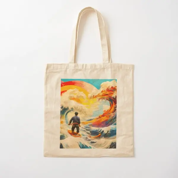 Man Surfing Great Waves Of Color Cotton  Canvas Bag Fashion Shopper Foldable Printed Handbag Reusable Fabric Ladies Casual Women