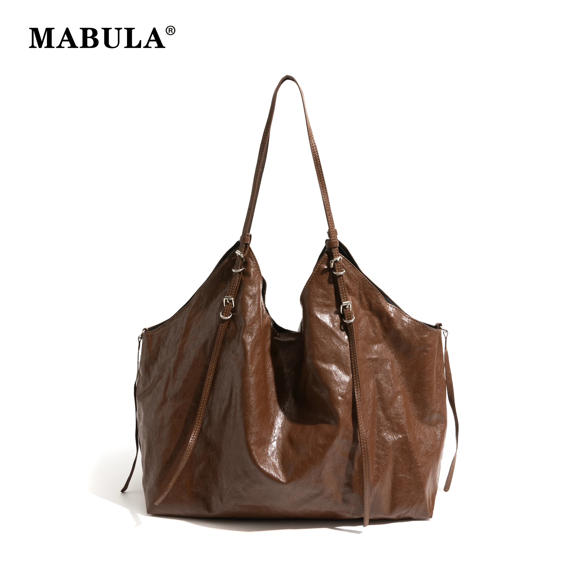 MABULA Soft PU Leather Pleated Casual Single Shoulder Slant Crossbody Bag High End Autumn Retro Tote Bag Commuter Bags