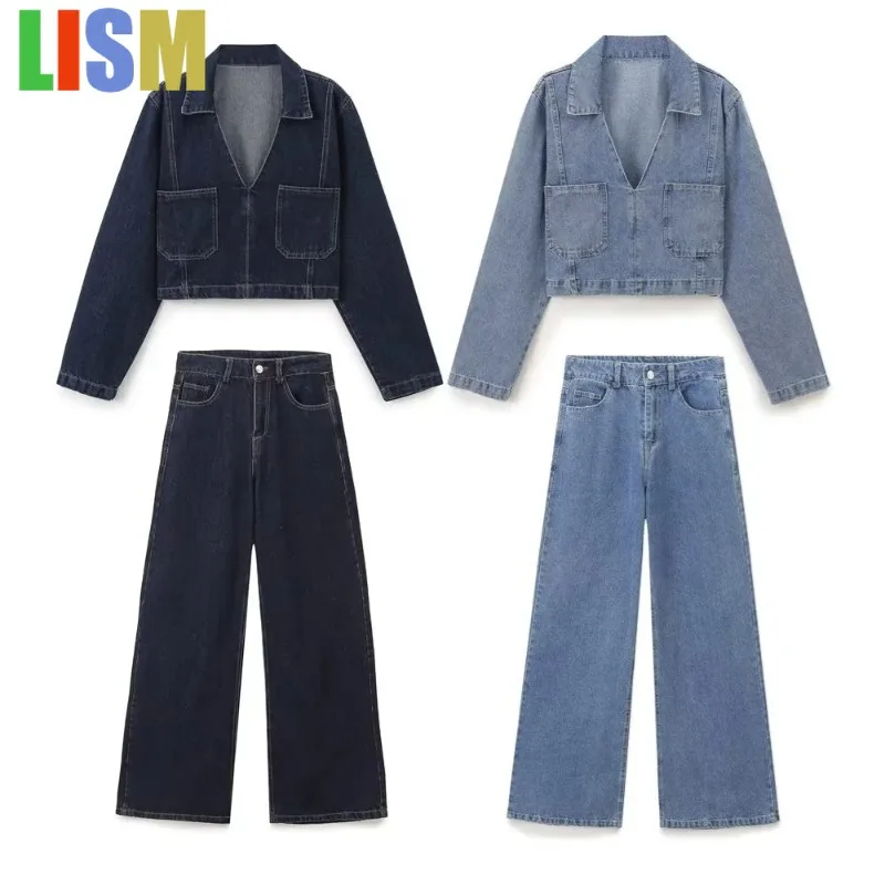 

LISM New in matching sets outfit Women's Fashion Casual Collar Long Sleeve Short Denim Shirt High Waist Wide Leg Jeans Set