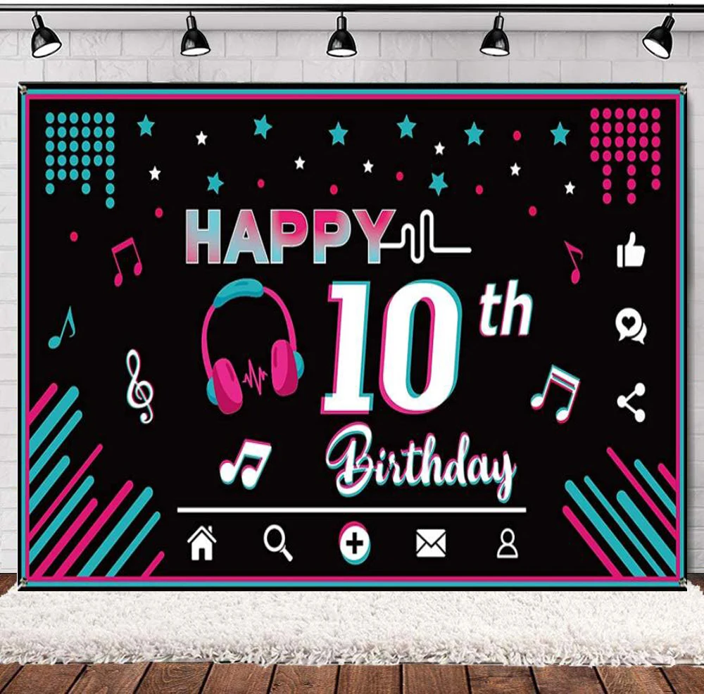 Happy 10th Birthday Banner Decoration Black Music Party Photography Backdrop For Teens Novelty Social Media Supplies Background