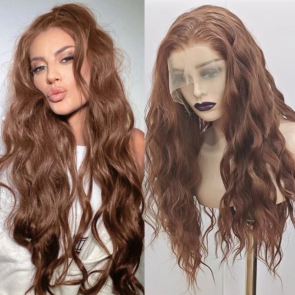 

Brown Wig Loose Wave Synthetic Lace Wig Natural Hairline Body Wavy Free Part Lace Frontal Wigs Women Daily Makeup Use Brown Hair