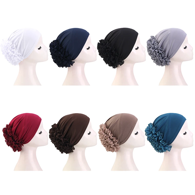 Neuer atmungsaktiver Chiffon-Hut mit großen Blumen, einfarbig, dünne Bodenkappe, islamischer Kopfwickel, elastischer Anti-Haarausfall-Hut für Damen – Detail 1