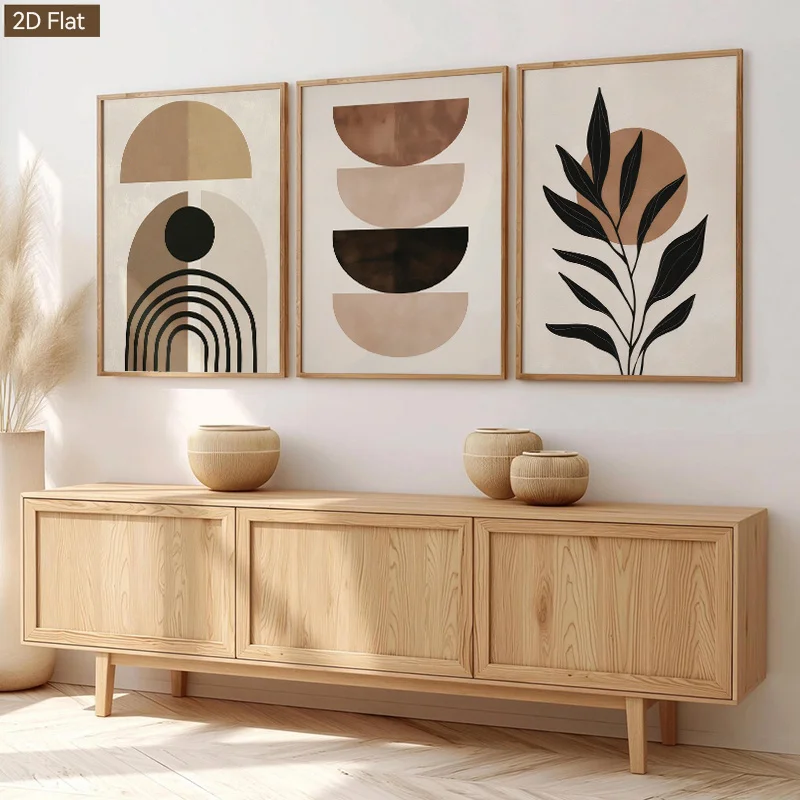 （NoFranme 3PCS）-2D Flat, 2D Flat, Set of Three 2D Flat Wall Art Pieces in Wabi-Sabi Style Featuring Half-Circle Overlays, Pri