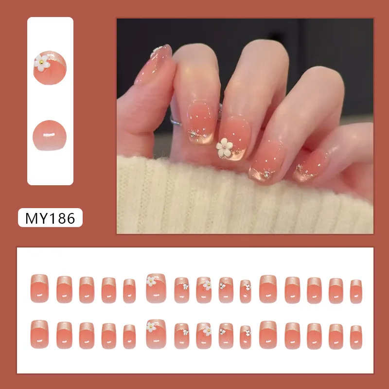 Fake Nails Flowers Short Cute Short Ballet Press on False Nails Sweet French Cat Eye Bow Star Designs Style Detachable Nails Set
