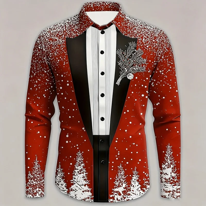Christmas-themed reddish-brown snow scene print shirt for men, faux suit collar, long sleeves, loose-fitting holiday top.