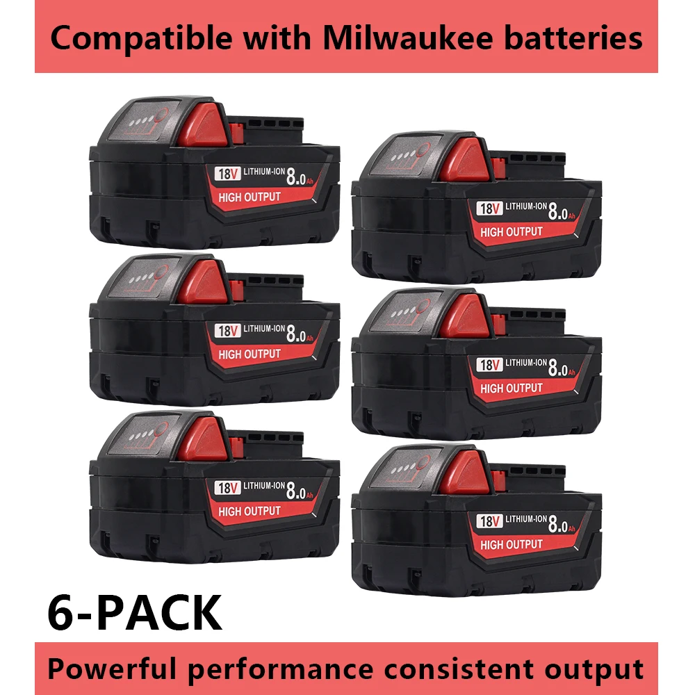 

6 Pack 8.0Ah 18V High Output Battery Replacement for Milwaukee M18 Tools 48-11-1815 48-11-1850