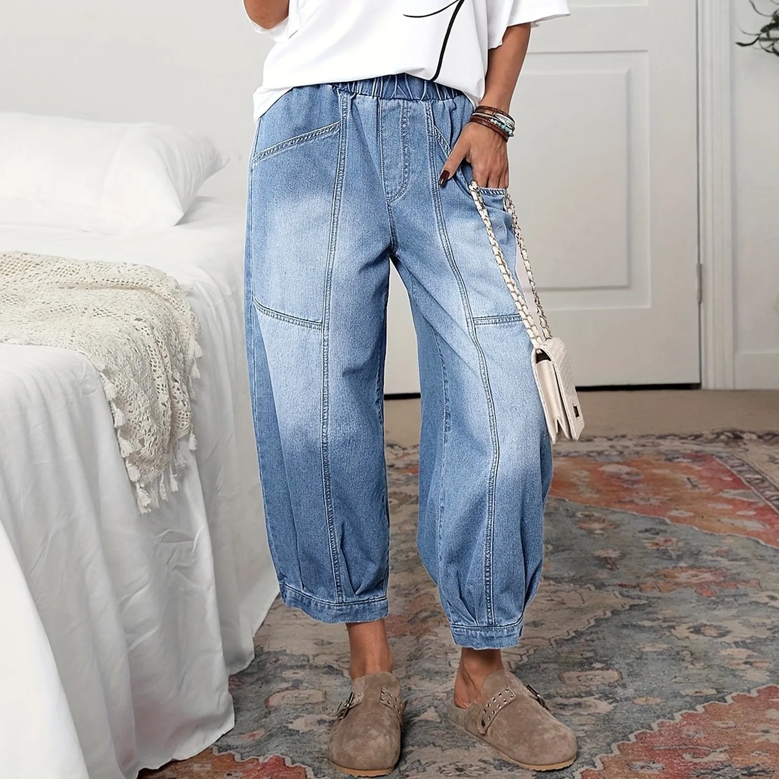 Dames hoog getailleerde denim met trekkoord Mode Comfortabele jeans met rechte pijpen Casual slanke denim broek Joggingbroek Jeans Koreaanse Y2k