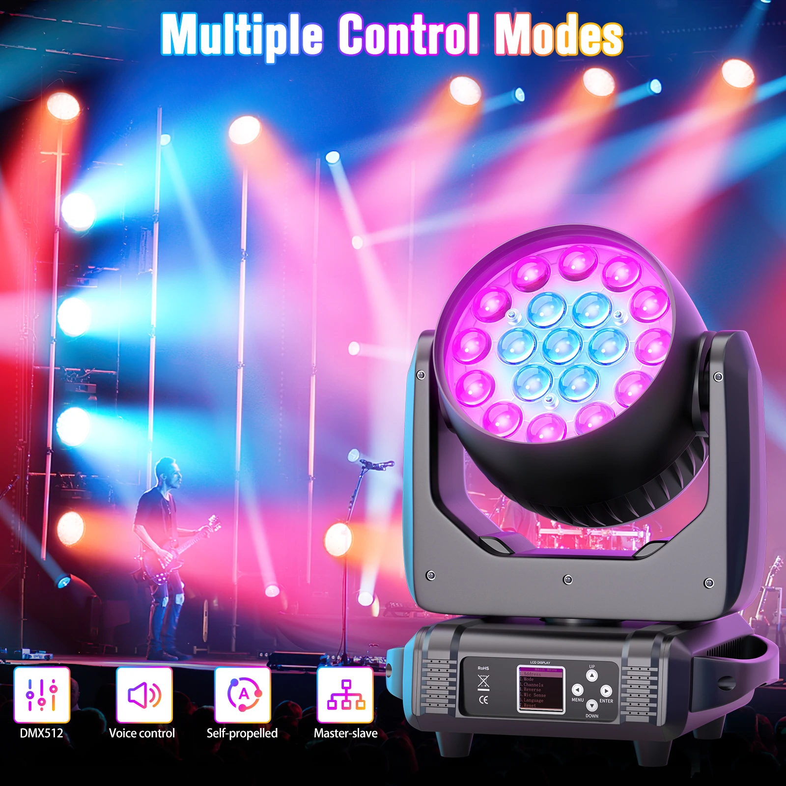 Yiflamefly-LED Moving Head Lights, DMX512 Stage Light, DJ, Karaoke, Dance Hall, KTV, Disco, Bar, Iluminação de Palco, 19PCs, 15W, 4 em 1