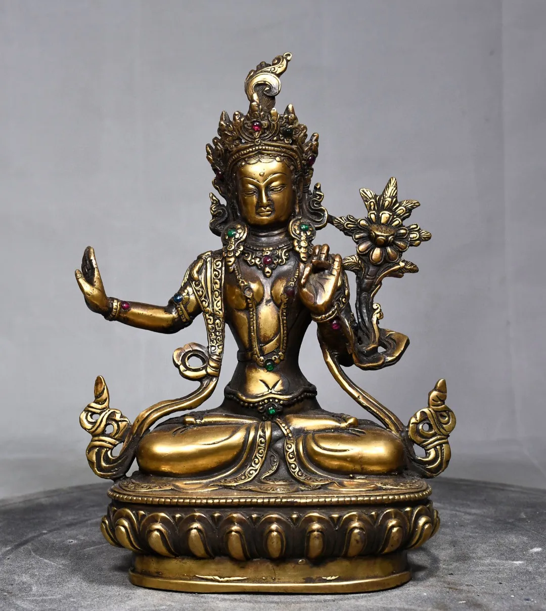 

Tibetan brass inlaid with gemstones, gilt white Tara, 21 Buddha mother, Guanyin home Buddhist hall ornament 22cm