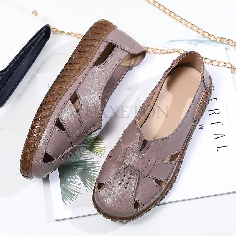 Women Genuine Leather Sandals Summer Ladies Shoes Comfortable Ankle Hollow Round Toe Sandals Woman Soft Beach Sole Female Shoes