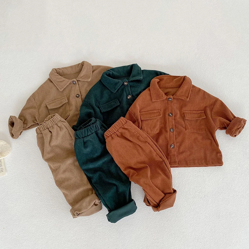 Casual Baby Boys Girls Long Sleeve Pure Color Coat + Pants Clothing Sets Autumn Kids Boys Girls Corduroy Suit Children\'s Sets