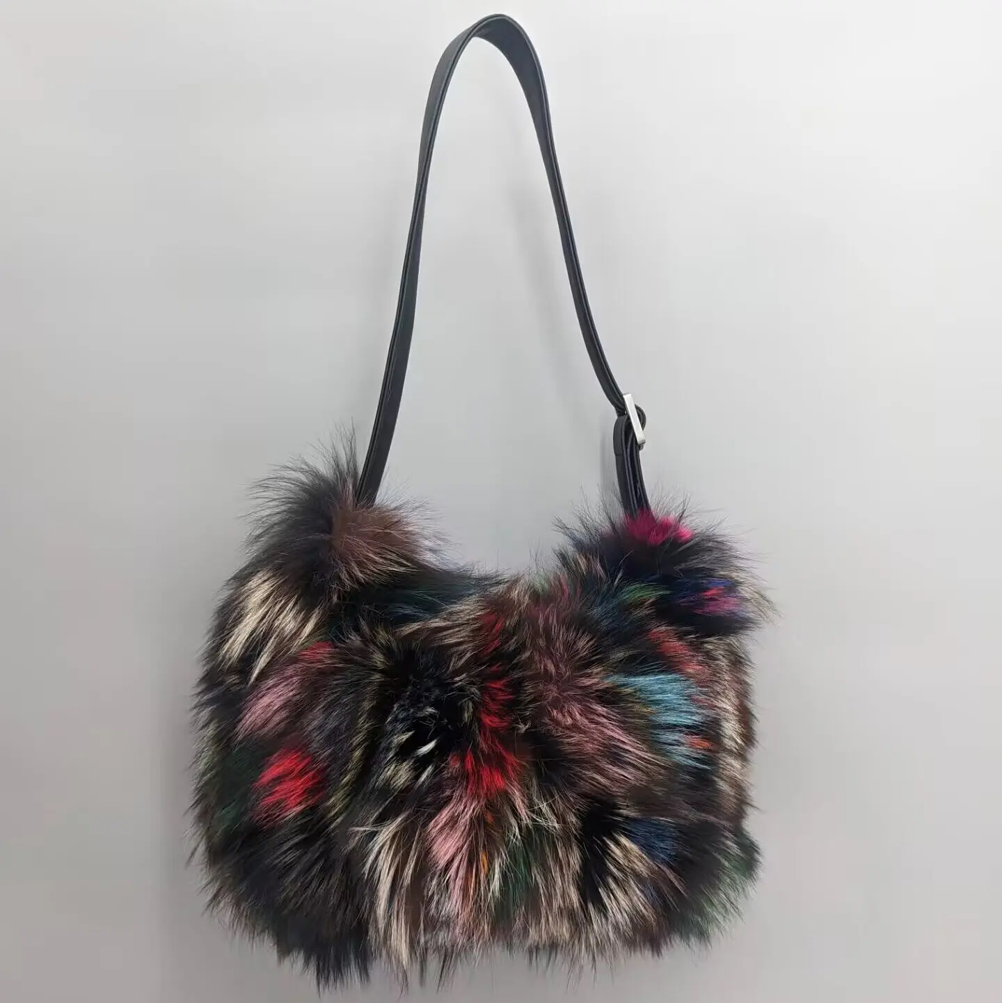 Women Rainbow Patchwork Real Fox Fur Flap Crossbody Bag Multi Color Fluffy Fur Shoulder Handbag 24A0916