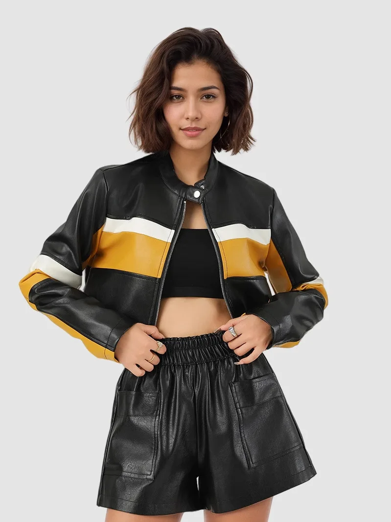 Sexy Color Blo ort Leather Jaet Women's Motorcycle Sle Stand Collar Slim Fit Faionable PU Leather Coat for Women