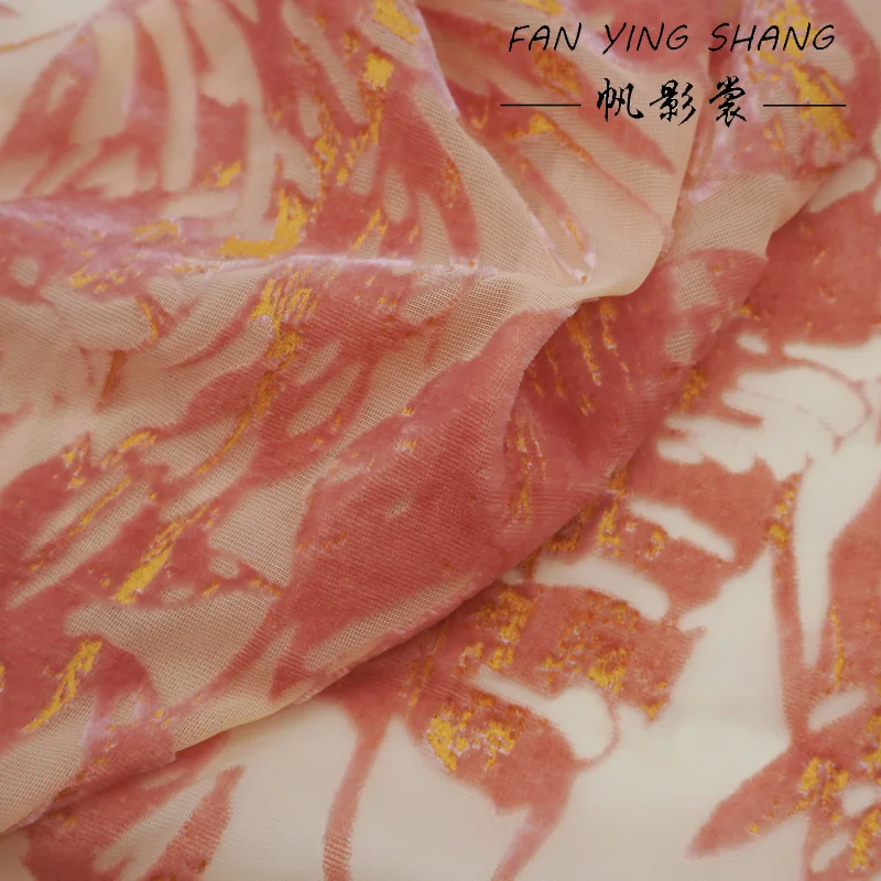 Coral Orange Tropical Leaf Burnout Velvet Cloth Gold Foil Print Semi‑Sheer Designer Cloth For Qipao Evening Gown Hanfu Sewing