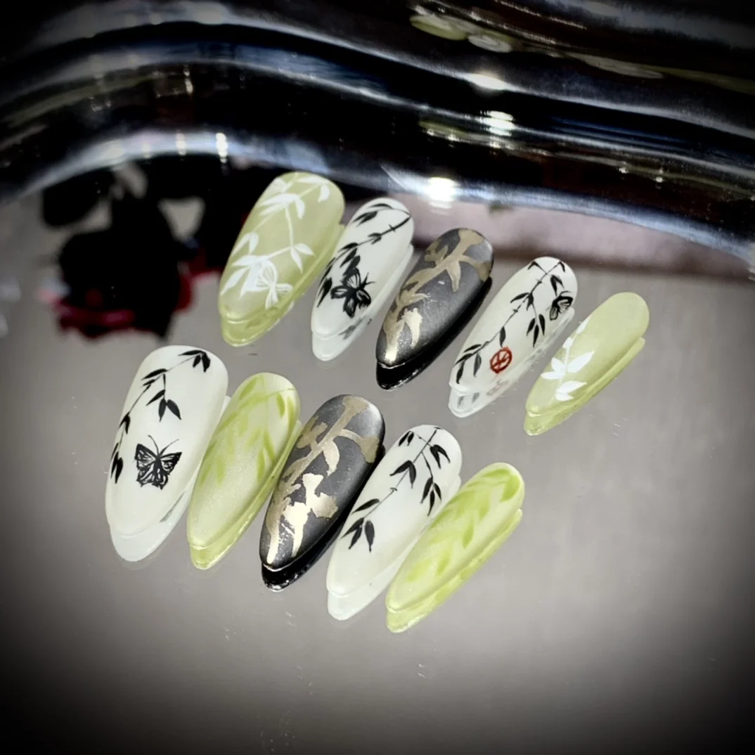 Emmabeauty Spring Mountain Chinese Style Hand-Painted Butterfly Bamboo Cat Eye Handmade Press On Nails.No.G20