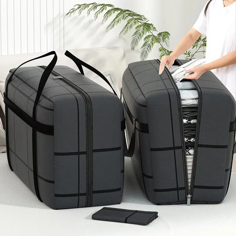Large Capacity Portable Folding Duffel Bag Hand-Held Clothing Storage with Double Zipper Padded Wardrobe Organizer for Moving