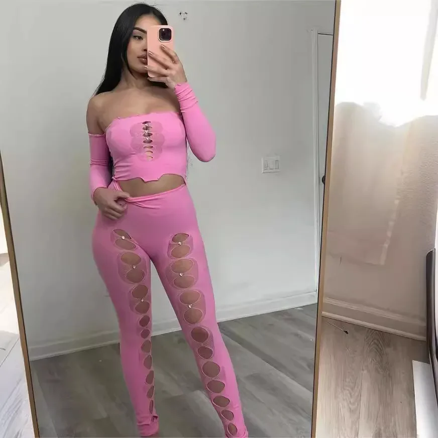 

New Sexy Hollow Out 2 Piece Set Women Stunning Off Shoulder Long Sleeve Tops and Pencil Pants Matched 2024 Night Club Outfits