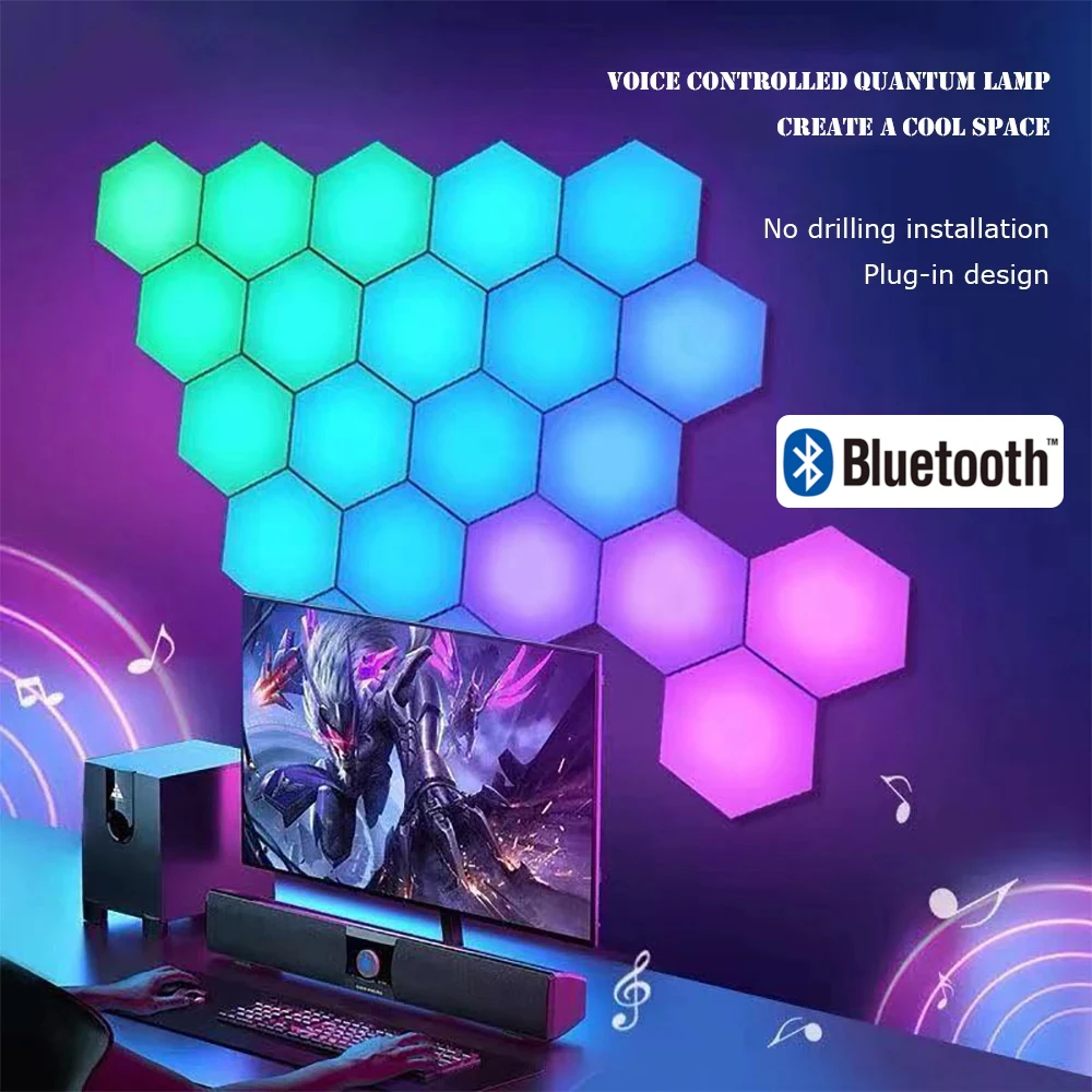 

LED Hexagon Quantum Lamp RGB Wall Lamps Smart Pickup DIY Rhythm Background Light For Bedroom Game Room Home Decor Night Lights