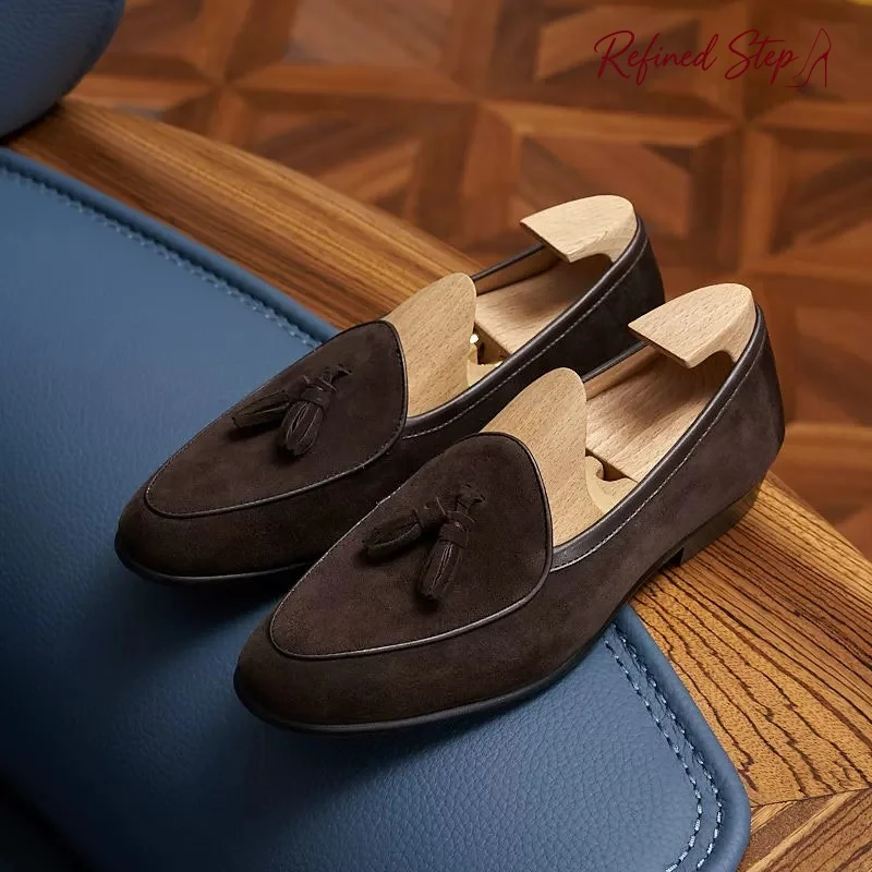Italian kinds Cow Suede Men's Tassel Design Loafers Slip-on Handmade Green Genuine Leather Flat Shoes Pointed Toe Casual Shoes