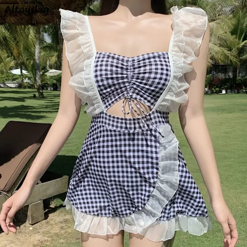 Plaid Cover-ups Women Flying Sleeve Swimwear Beach Style Hollow Out Hotsweet Summer Abdomen Bath Holiday Students Fashion Chic